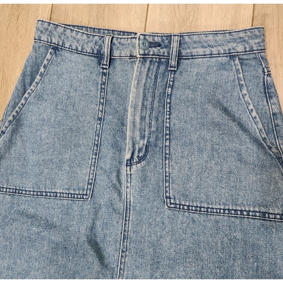 Vans Womens Denim Blue Jean Midi Skirt A-Line Carpenter Pocket back Slit Size 27 - Picture 2 of 9